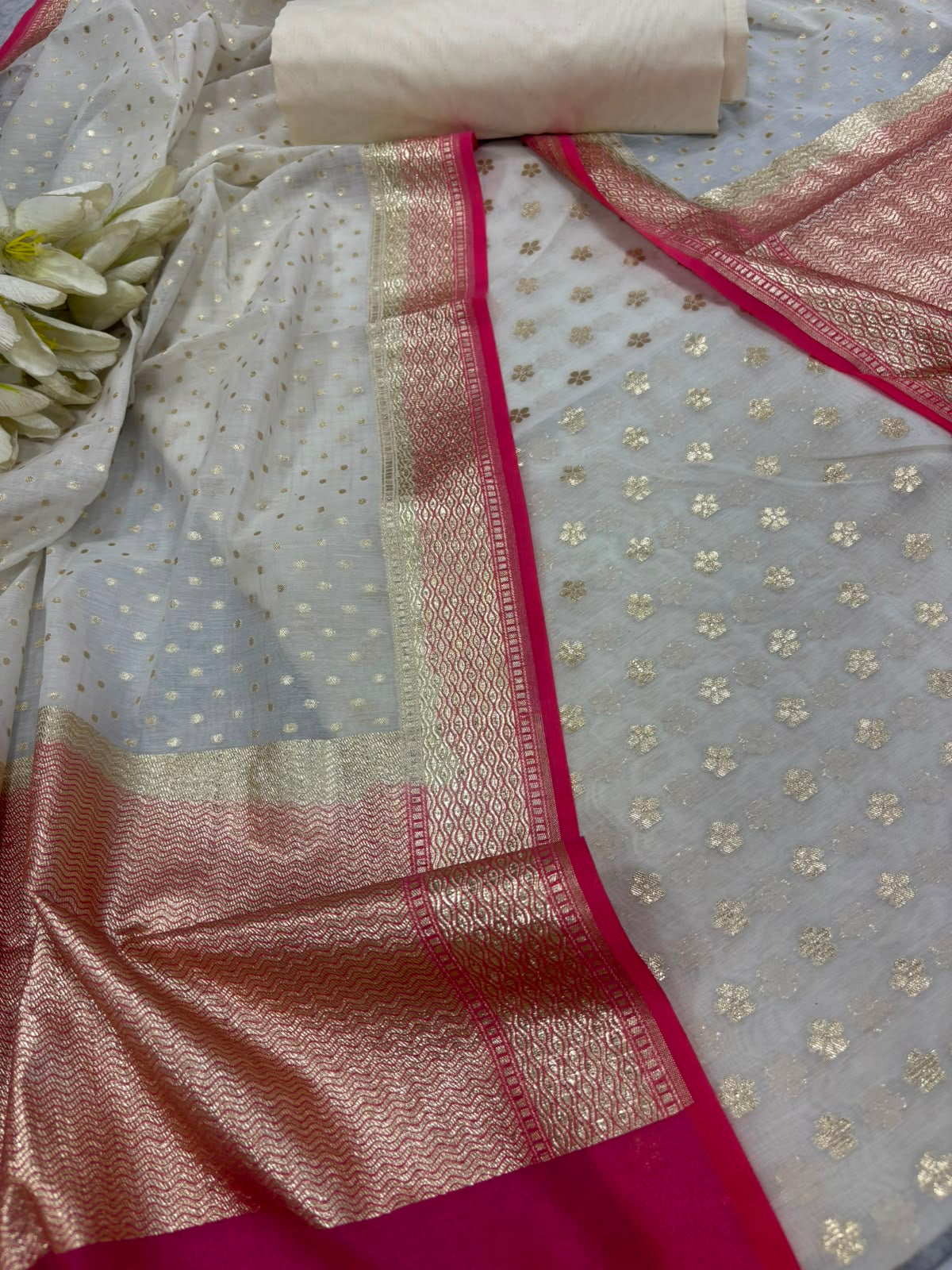 Elegant  Off White Banarasi Chanderi Silk Three Piece Unstitched Suit Set