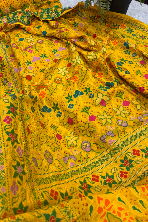 AS1B2TB226080502 Yellow Pure Georgette Banarasi Bandhani Meenakari Saree
