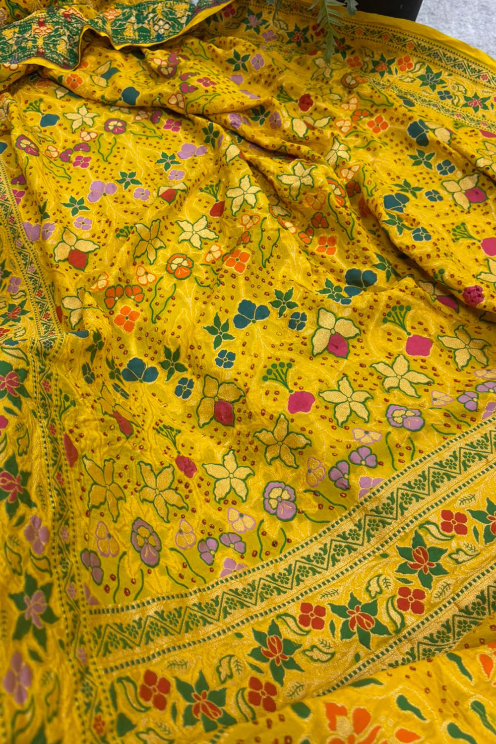 Yellow Georgette Banarasi Bandhani Meenakari Saree