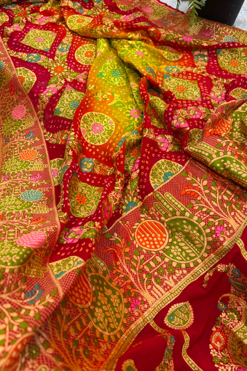 AS1B2TB226080504 Green Pure Georgette Banarasi Bandhani Meenakari Saree