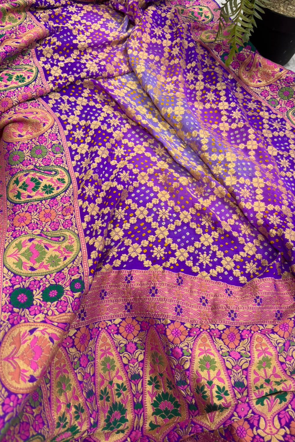 Purple And Grey Blue Pure Georgette Banarasi Bandhani Meenakari Saree