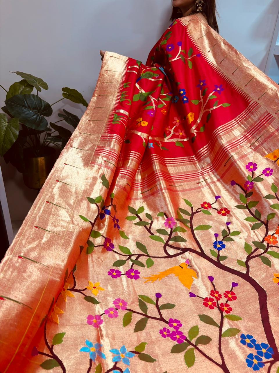 Red Paithani Pure Silk Saree Muniya Border Brocade Bridal Wedding