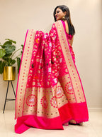 Pink Handloom Banarasi Pure Katan Silk Flower And Animal Design Meenakari Saree