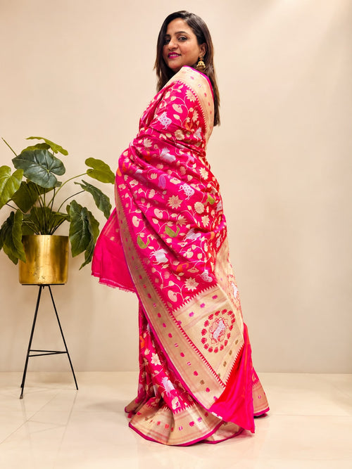 Pink Handloom Banarasi Pure Katan Silk Flower And Animal Design Meenakari Saree