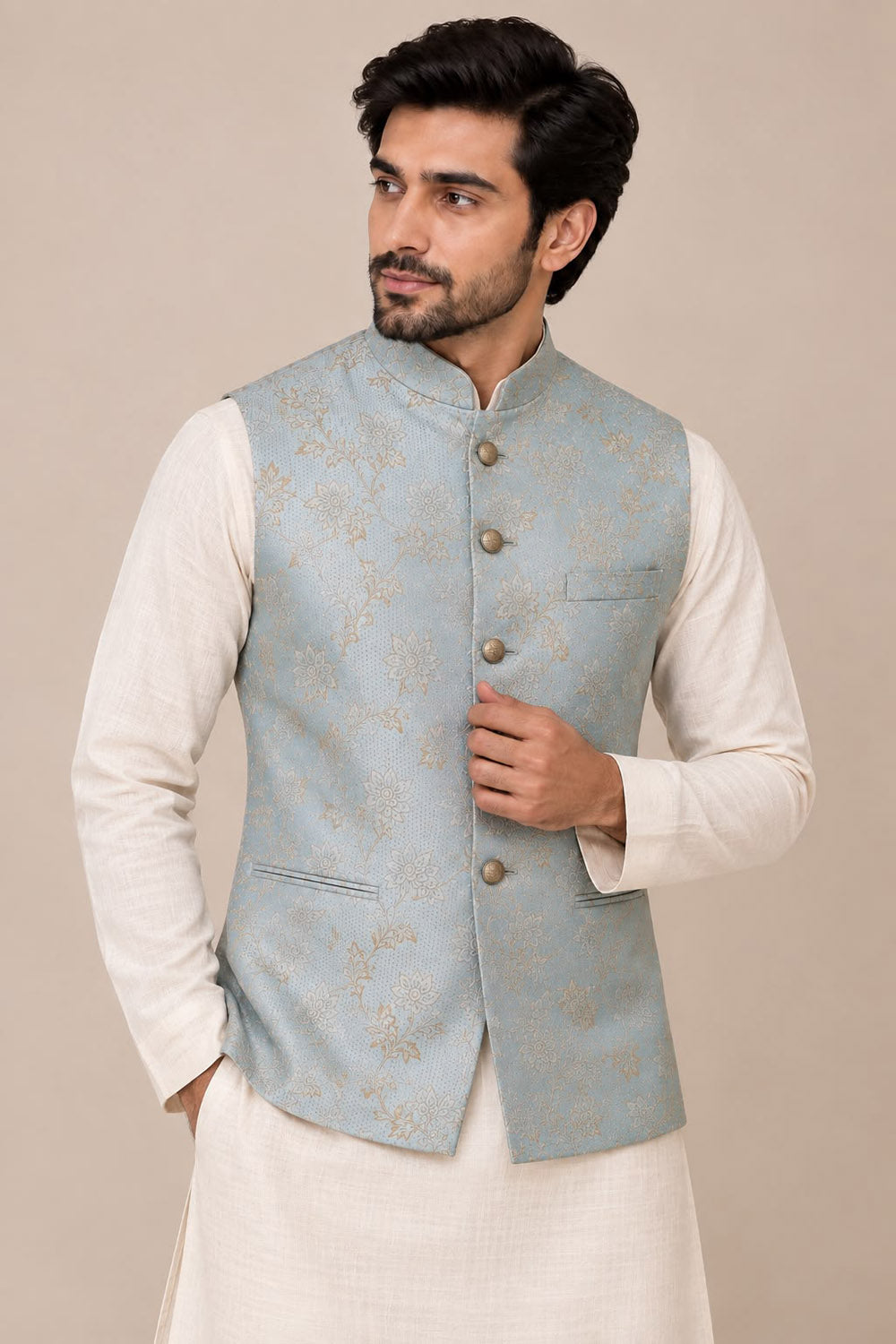 Blue Banarasi Silk Brocade Nehru Jacket — Handloom, Festive