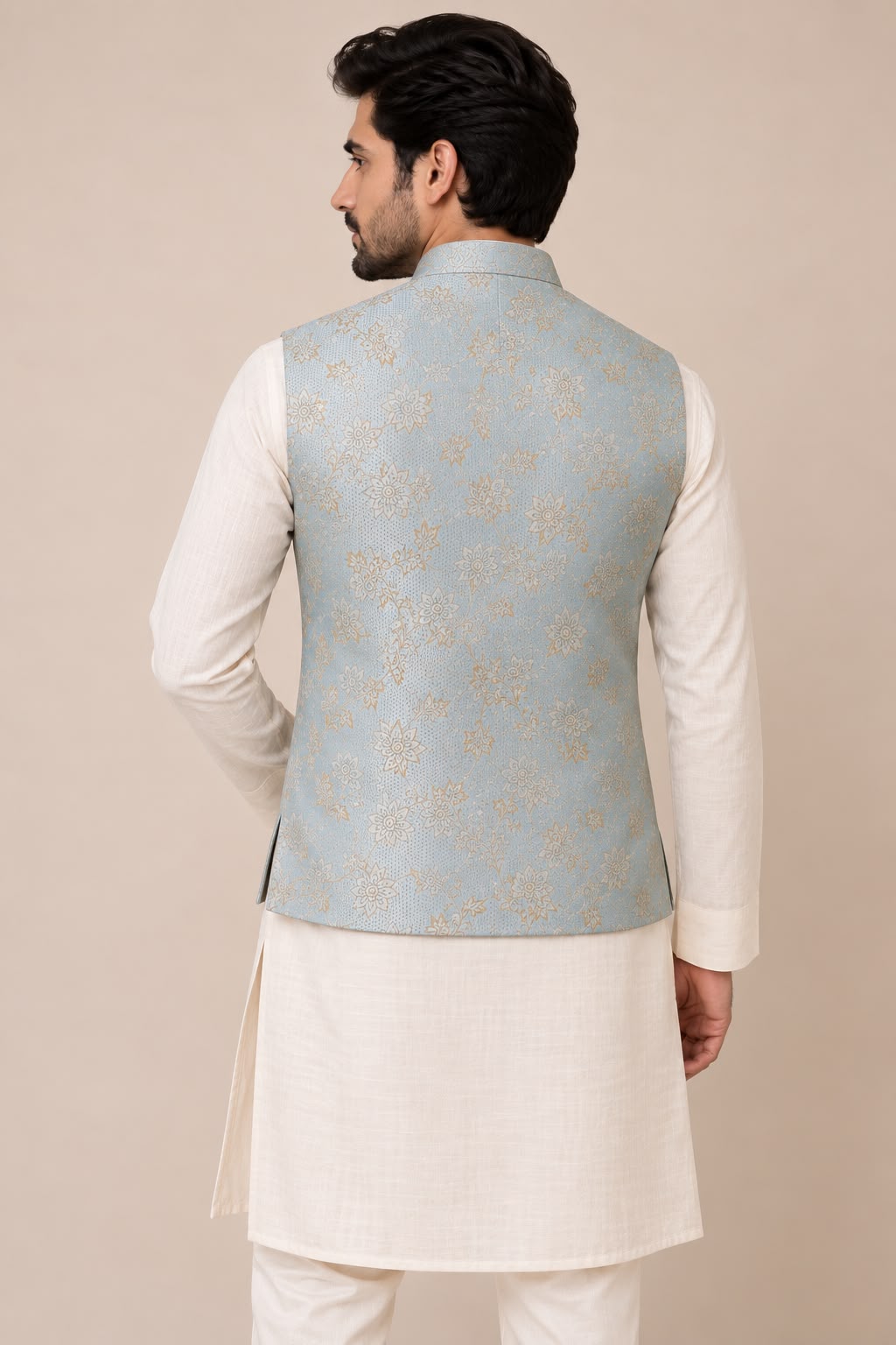 Blue Banarasi Silk Brocade Nehru Jacket — Handloom, Festive