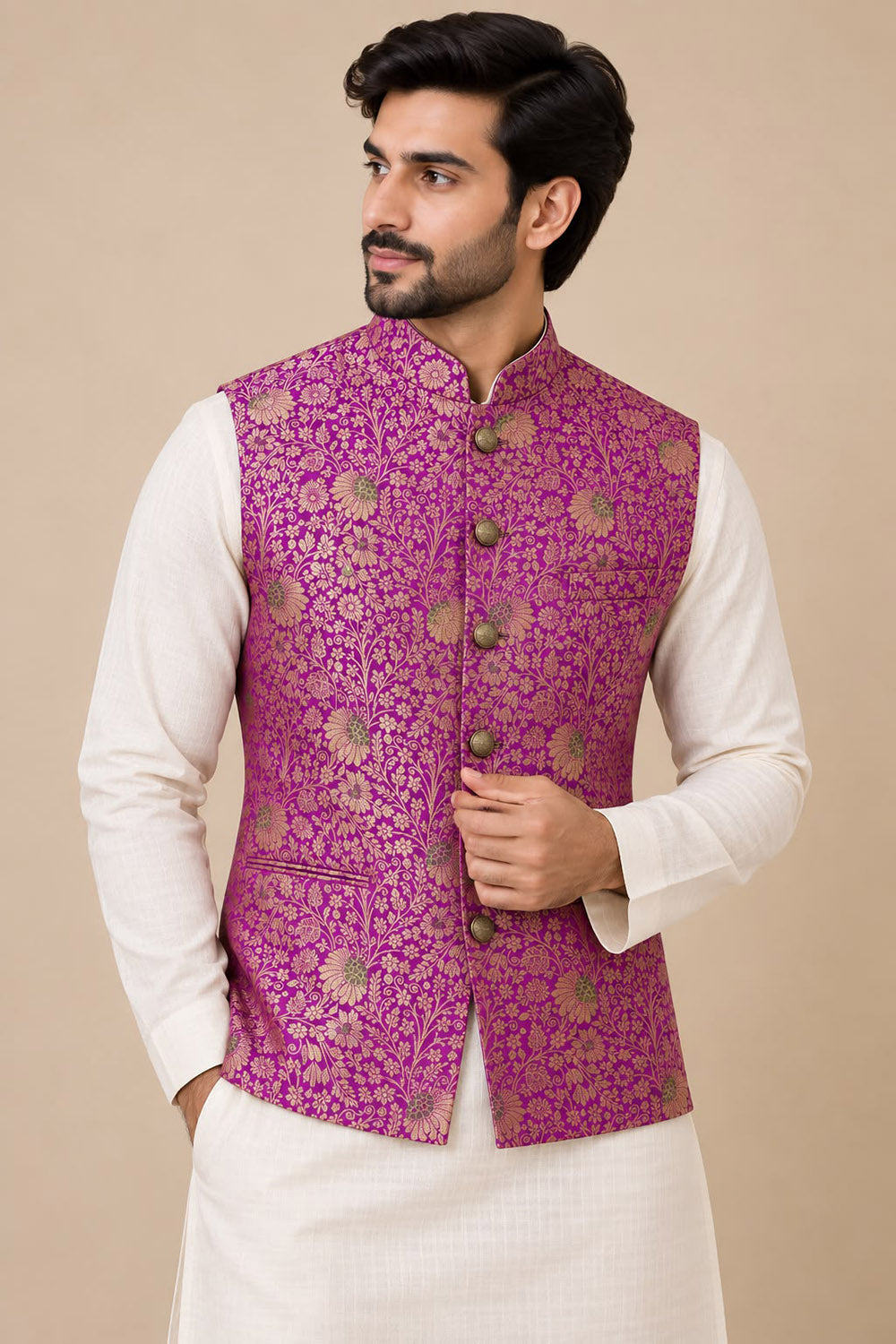 Purple Banarasi Silk Meenakari Nehru Jacket — Flower Design, Festive