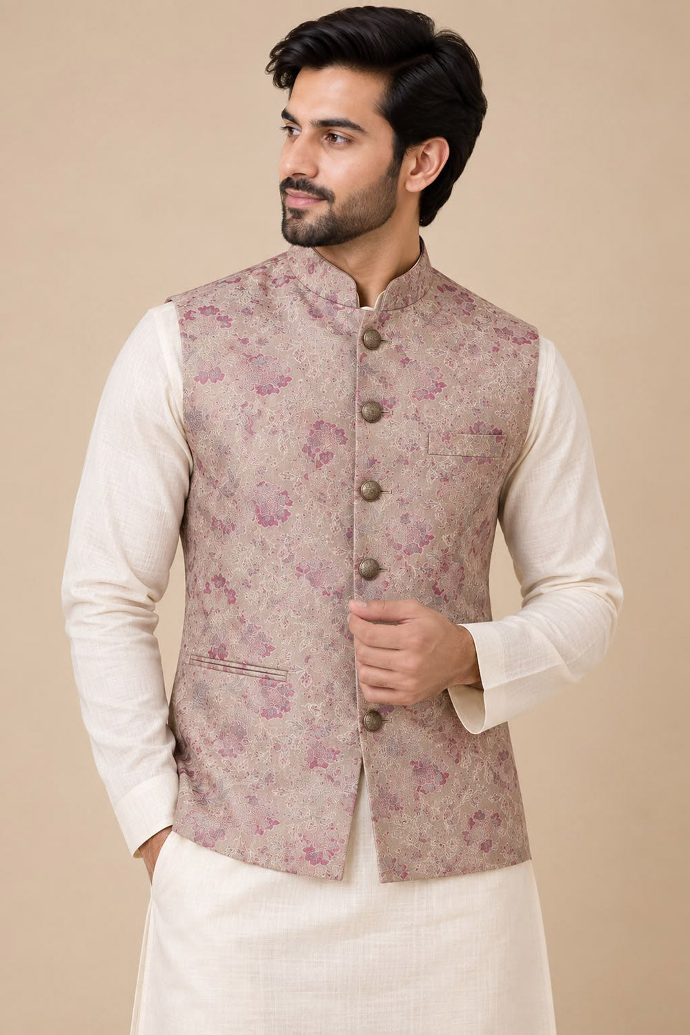 Pastel Banarasi Tanchui Silk Nehru Jacket — Handloom, Festive