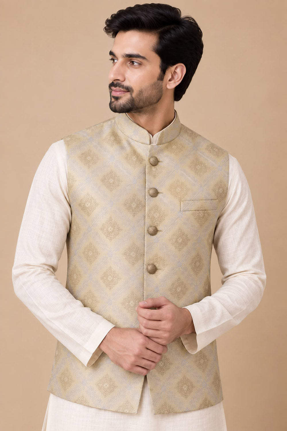 Yellow Banarasi Brocade Silk Nehru Jacket — Handloom, Festive