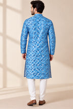 Blue Digital Printed Tussar Silk Ikat Design Kurta