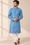 Blue Digital Printed Tussar Silk Ikat Design Kurta