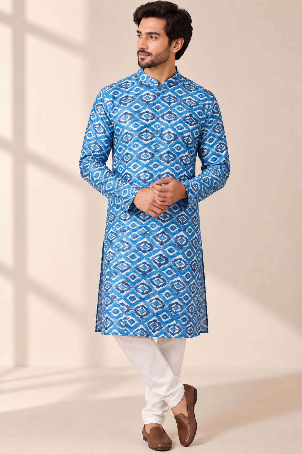 Blue Digital Printed Tussar Silk Ikat Design Kurta