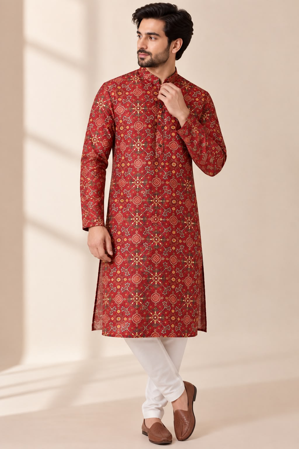 Stunning Maroon Digital Printed Tussar Silk Patola Design Kurta