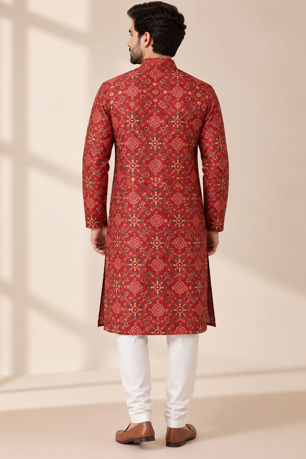 Stunning Maroon Digital Printed Tussar Silk Patola Design Kurta