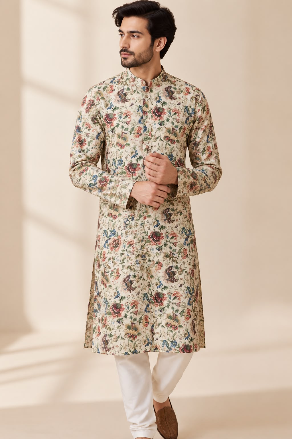 Pastel Digital Printed Tussar Silk Kalamkari Design Kurta