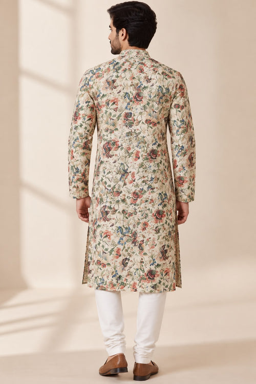 Pastel Digital Printed Tussar Silk Kalamkari Design Kurta