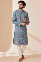 Blue Patola Tussar Silk Kurta — Digital Print, Festive