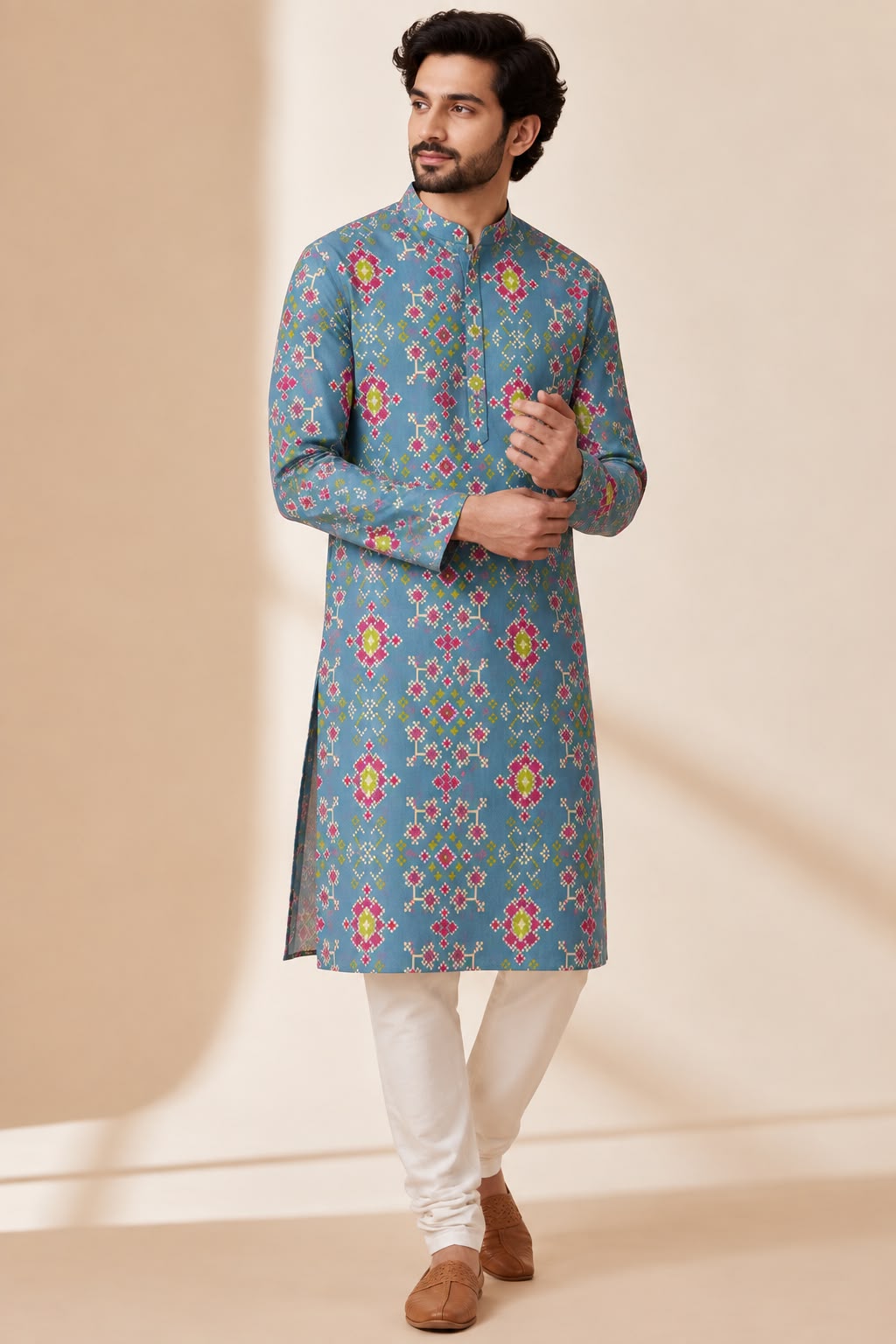 Blue Patola Tussar Silk Kurta — Digital Print, Festive