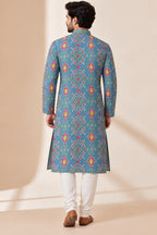 Blue Patola Tussar Silk Kurta — Digital Print, Festive