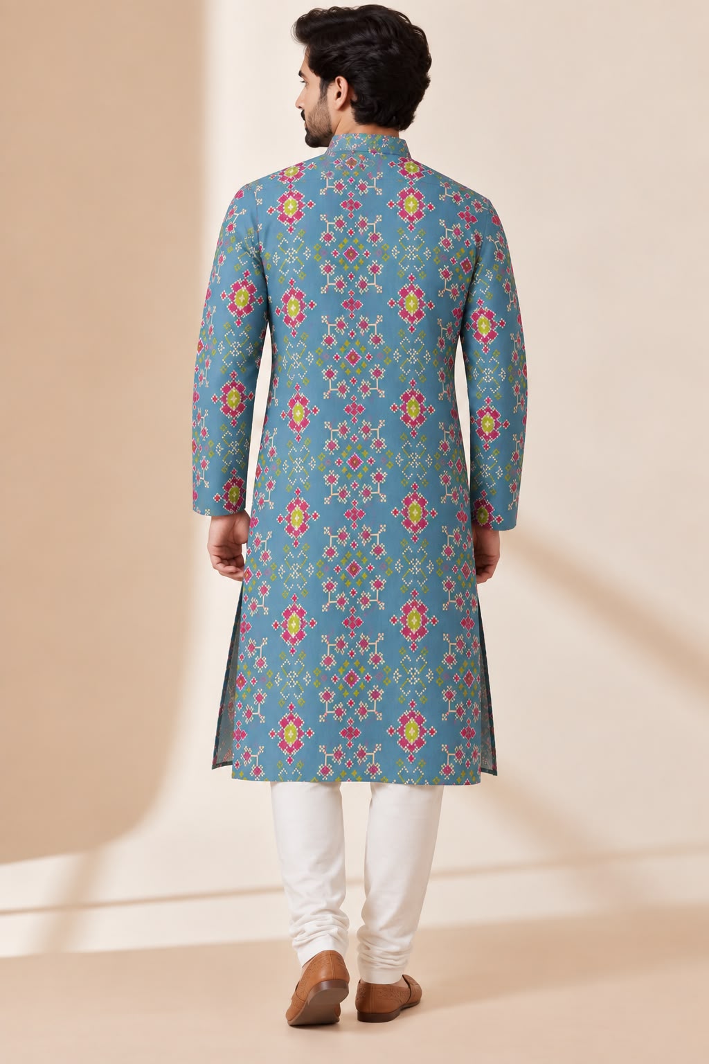 Blue Patola Tussar Silk Kurta — Digital Print, Festive