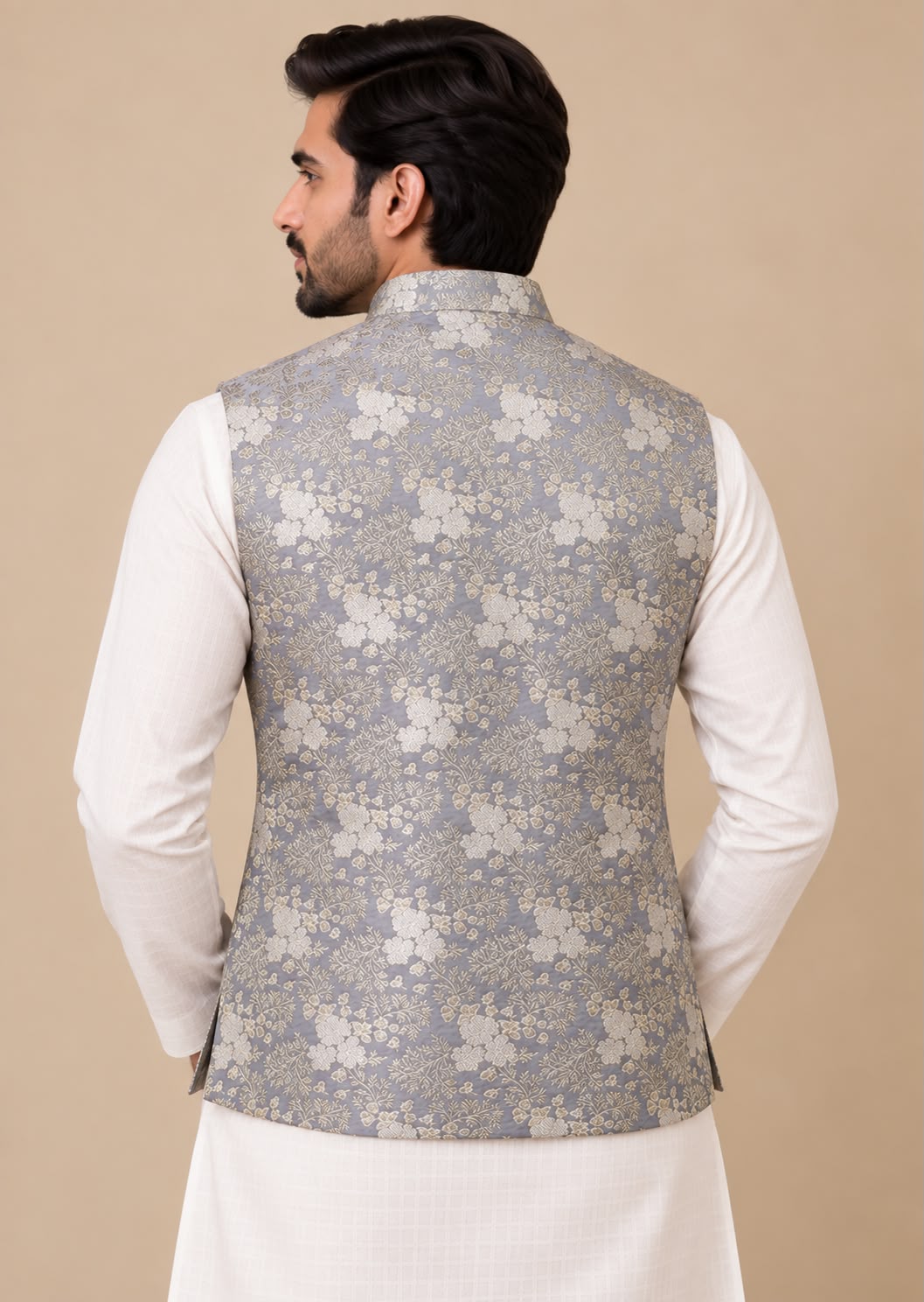 Exquisite Grey Banarasi Brocade Silk Nehru Jacket: Timeless Elegance
