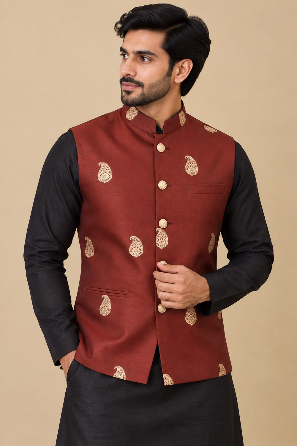 Maroon Handloom Banarasi Pure Katan Silk Nehru Jacket
