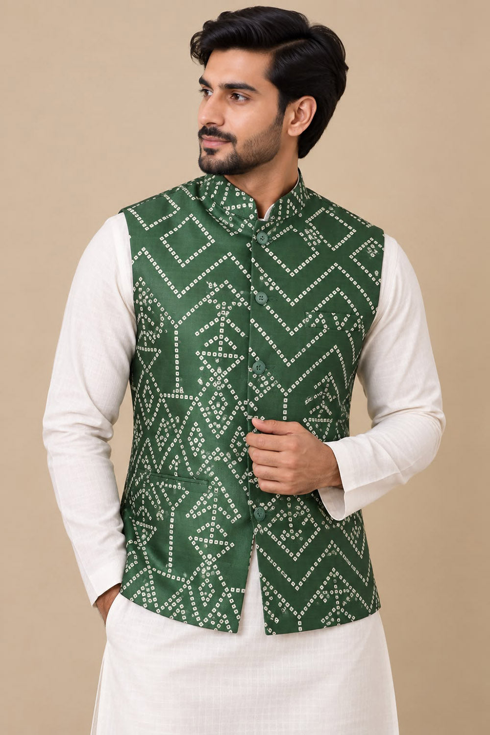 Green Mashru Silk Nehru Jacket