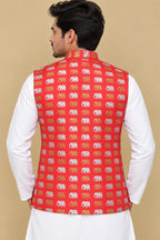Elegant Red Banarasi Silk Nehru Jacket with Sona Roopa Elephant Design