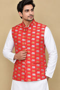 Elegant Red Banarasi Silk Nehru Jacket with Sona Roopa Elephant Design