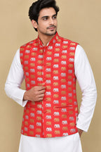 Elegant Red Banarasi Silk Nehru Jacket with Sona Roopa Elephant Design