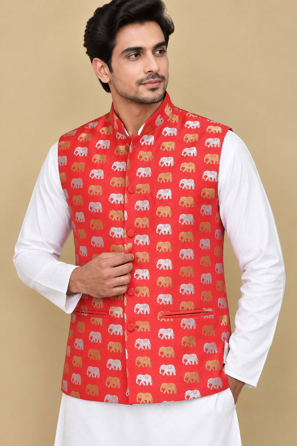 Elegant Red Banarasi Silk Nehru Jacket with Sona Roopa Elephant Design