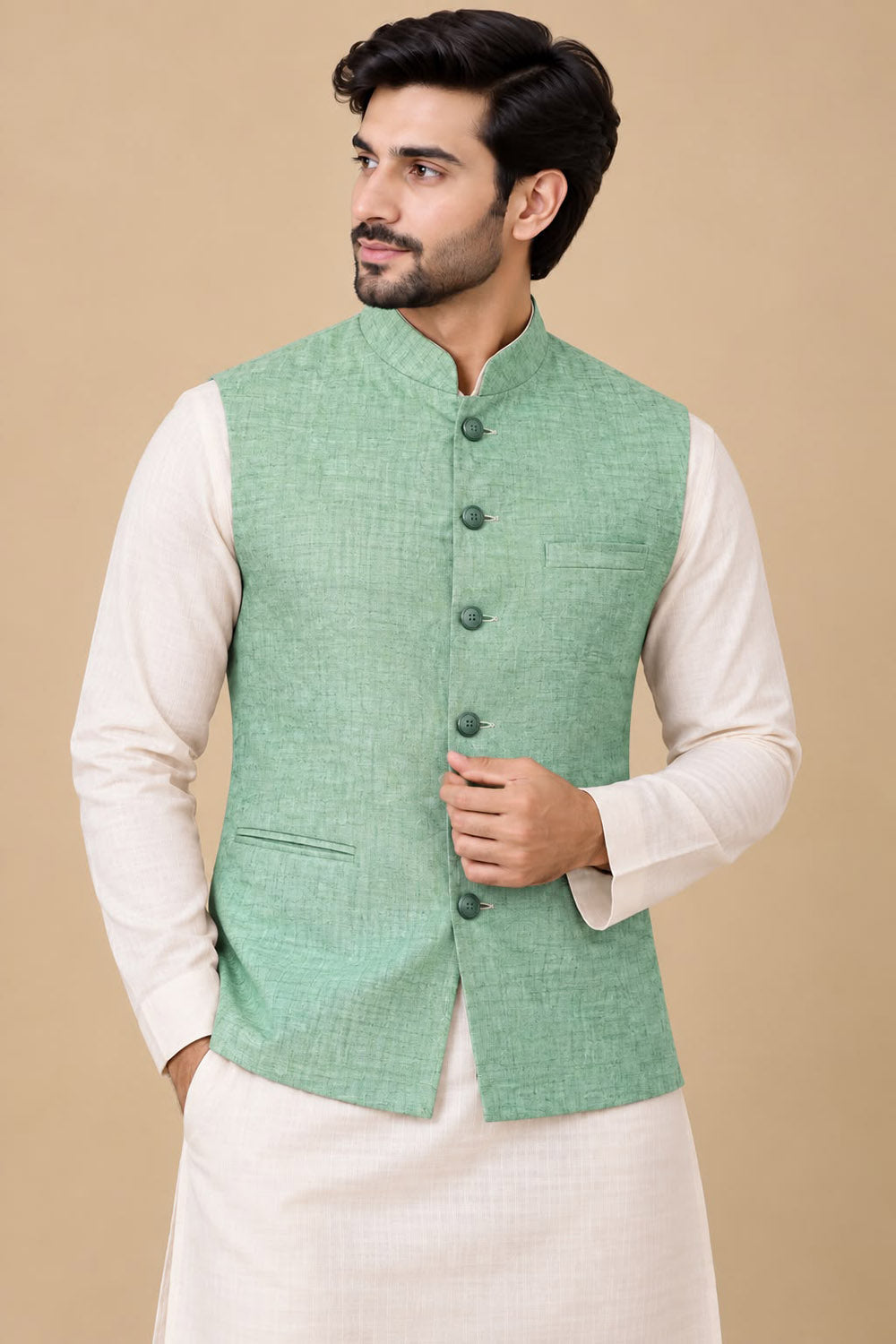 Green Cotton Silk Nehru Jacket