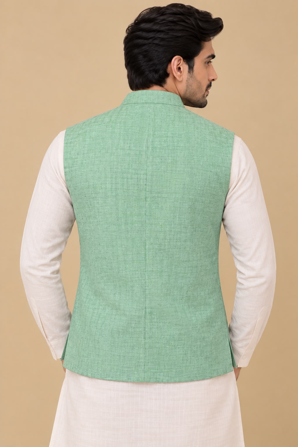 Green Cotton Silk Nehru Jacket