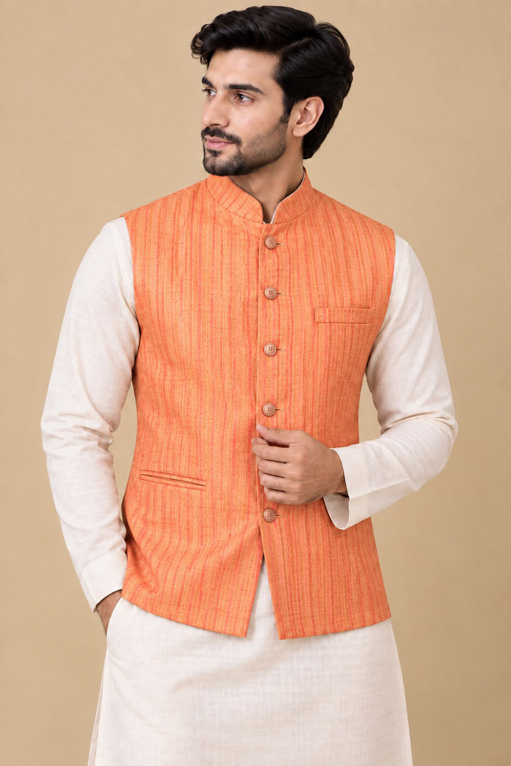 Orange Cotton Silk Nehru Jacket