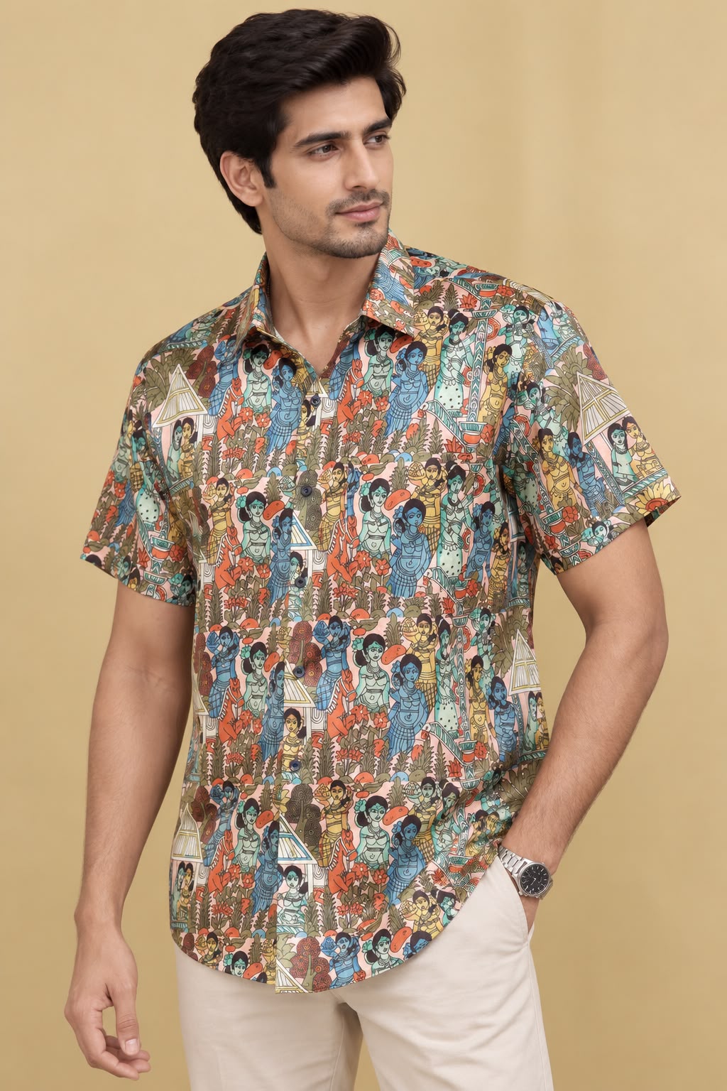 Colorful Kalamkari Tussar Silk Shirt: Digital Print