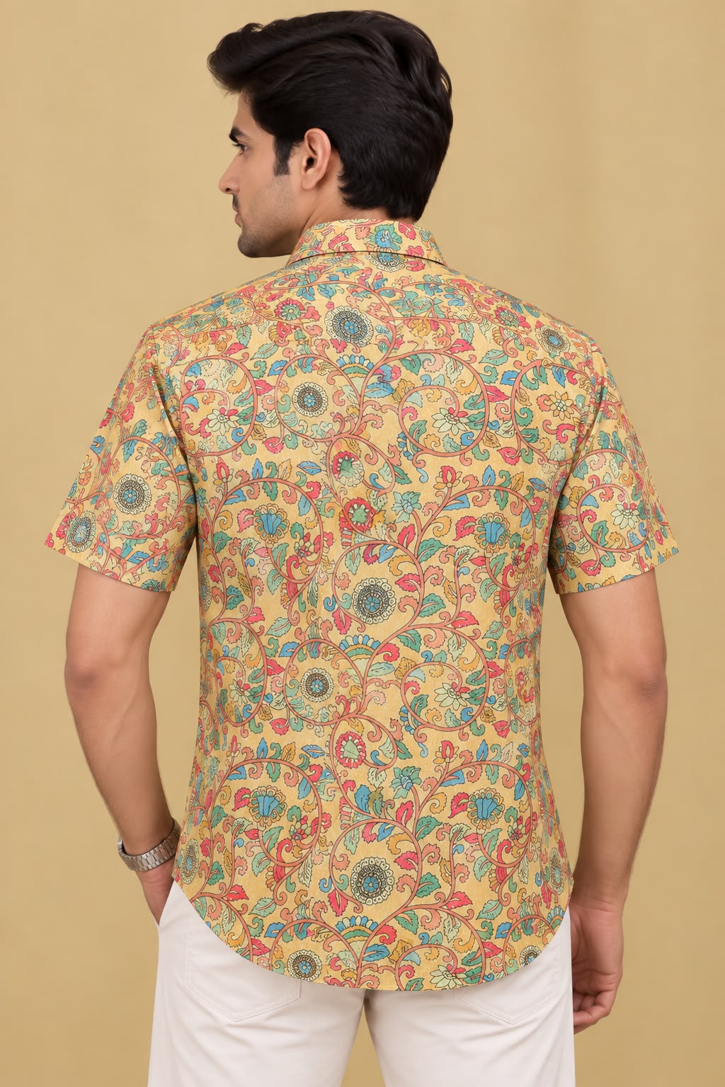 Yellow Kalamkari Tussar Silk Shirt - Digital Print