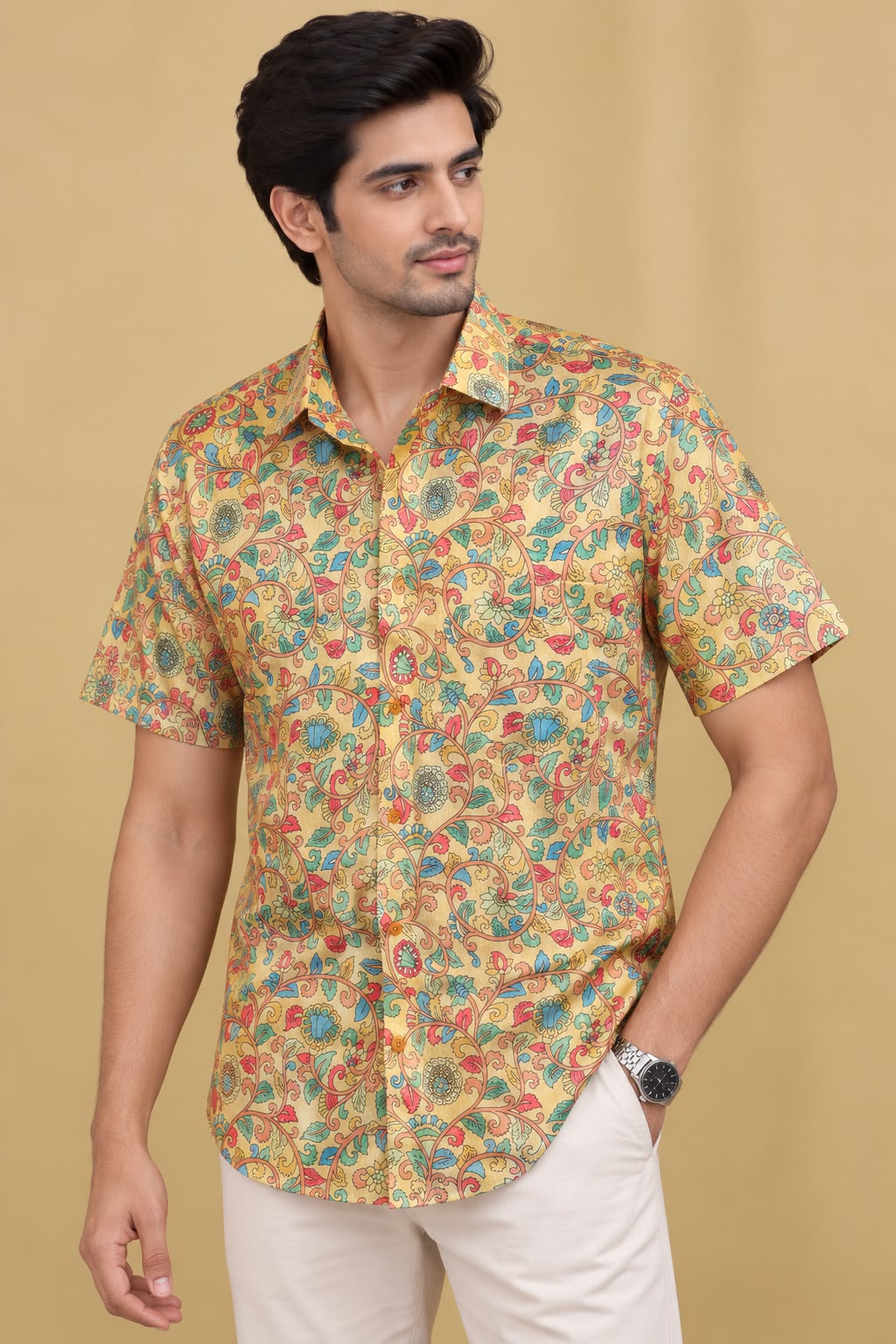 Yellow Kalamkari Tussar Silk Shirt - Digital Print