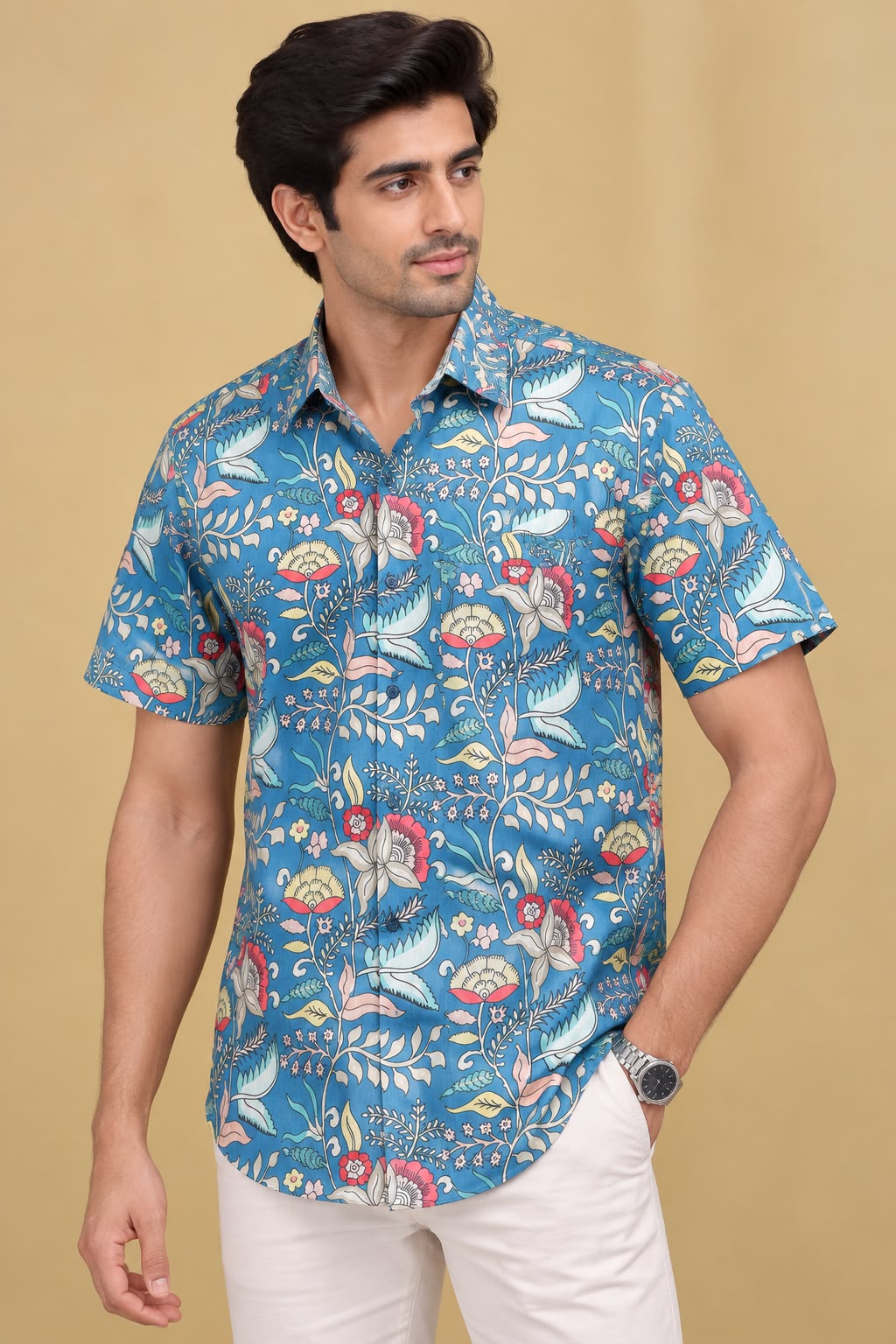 Stunning Blue Kalamkari Tussar Silk Shirt with Digital Print