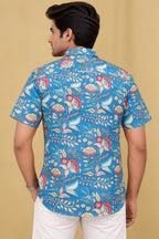 Stunning Blue Kalamkari Tussar Silk Shirt with Digital Print