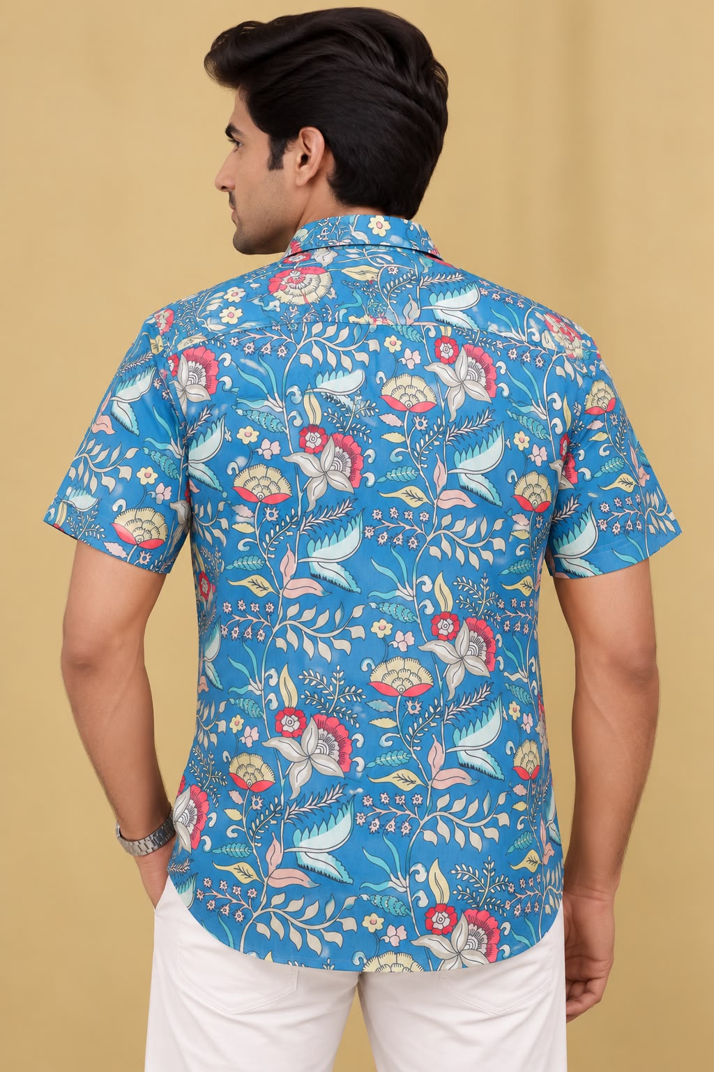 Stunning Blue Kalamkari Tussar Silk Shirt with Digital Print