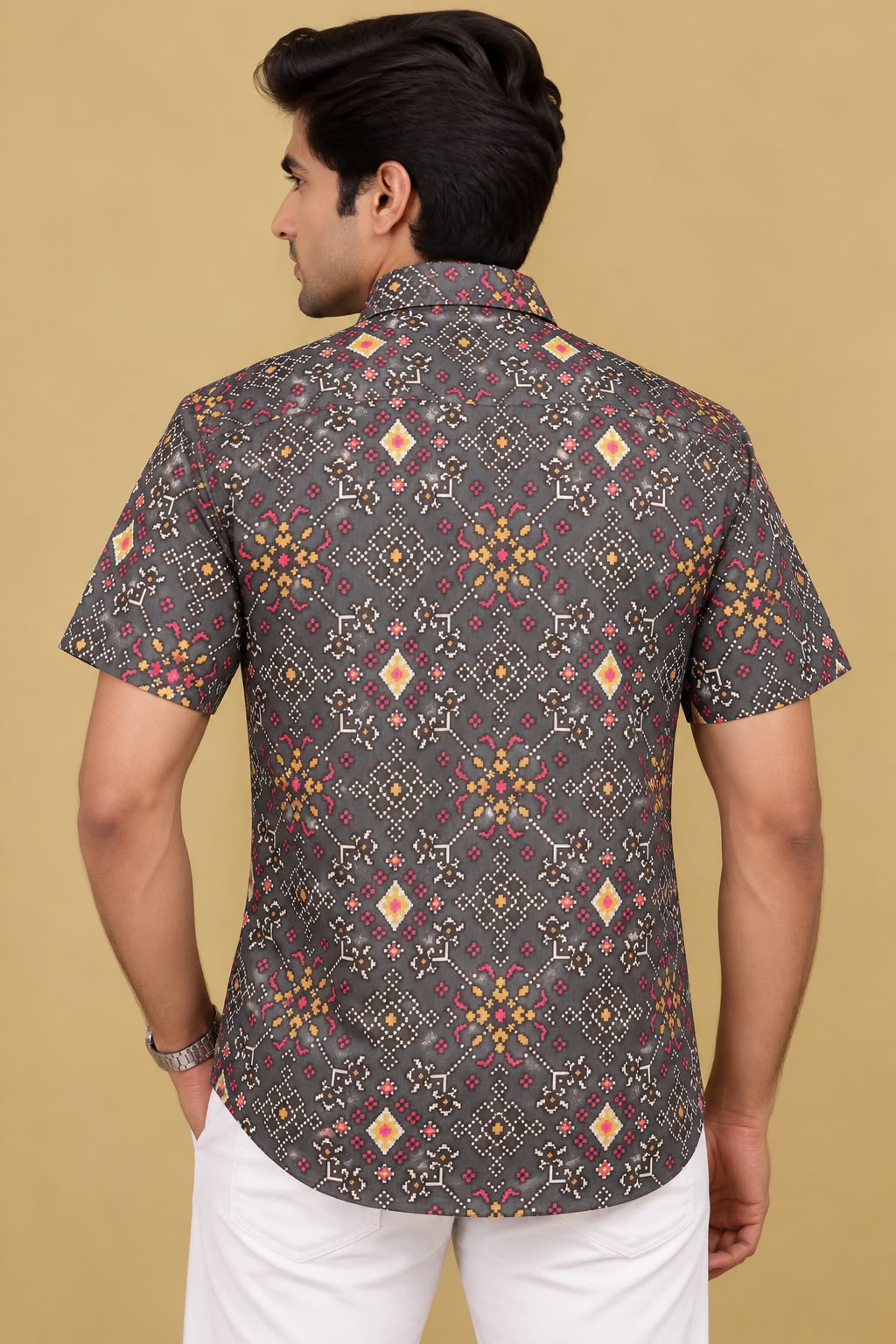 Grey Digital Printed Patola Design Tussar Silk Shirt