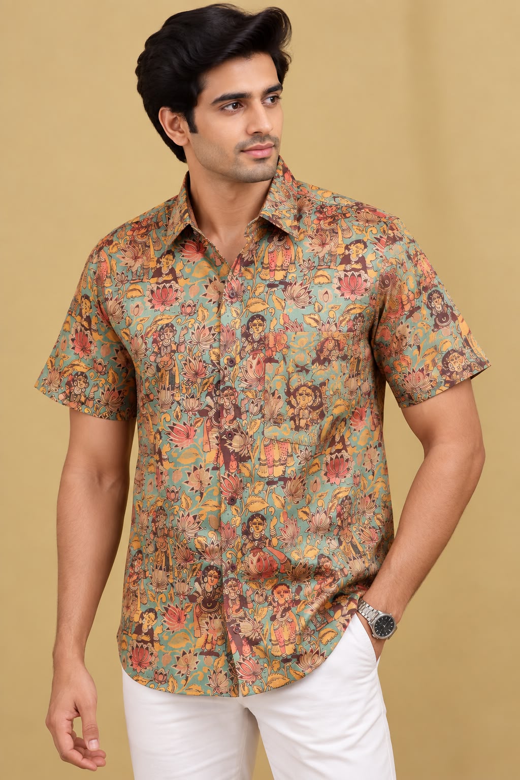 Vibrant Kalamkari Tussar Silk Shirt with Multicolor Digital Print