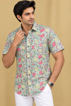 Green Kalamkari Tussar Silk Shirt - Digital Printed