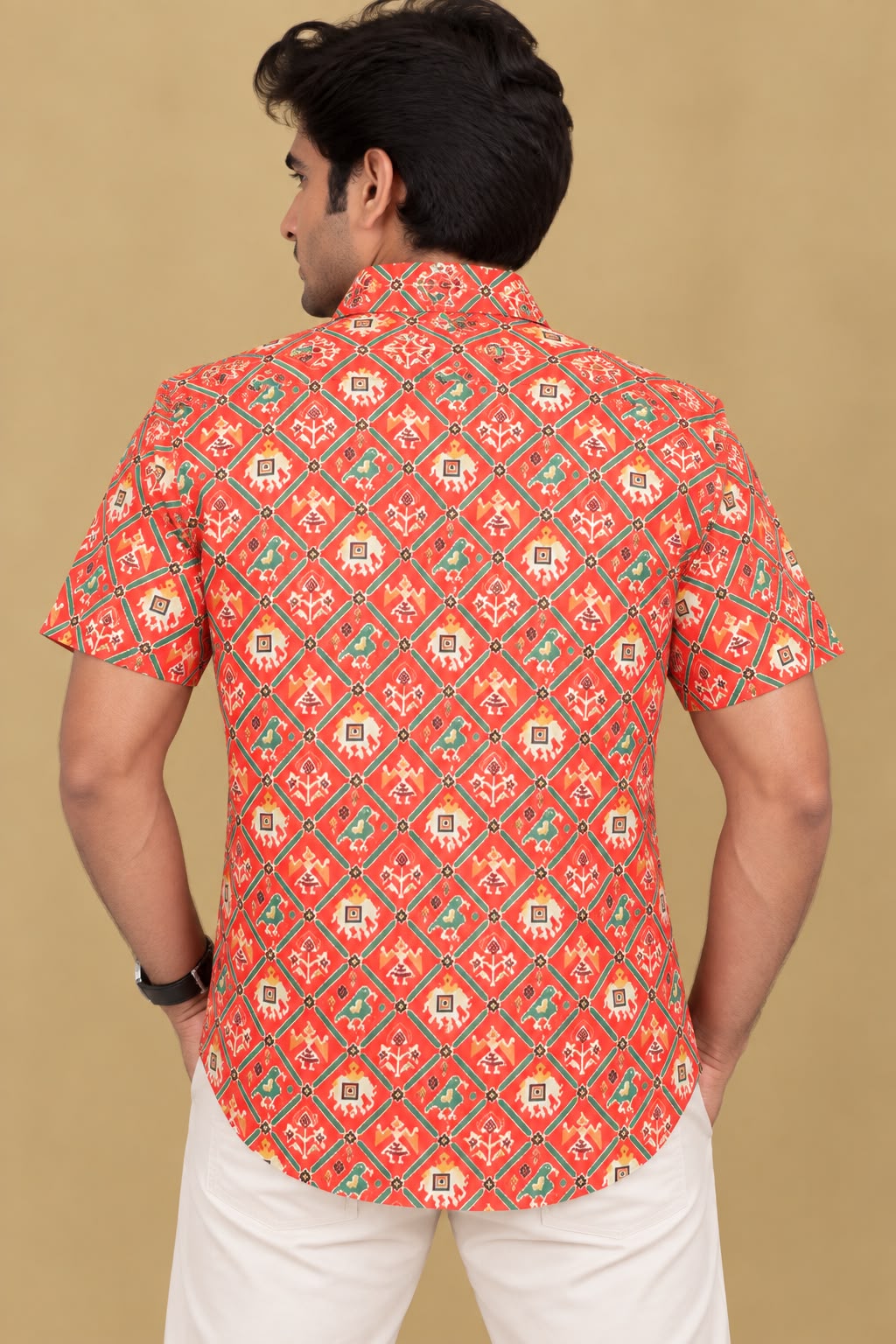 Stunning Red Digital Printed Patola Design Tussar Silk Shirt