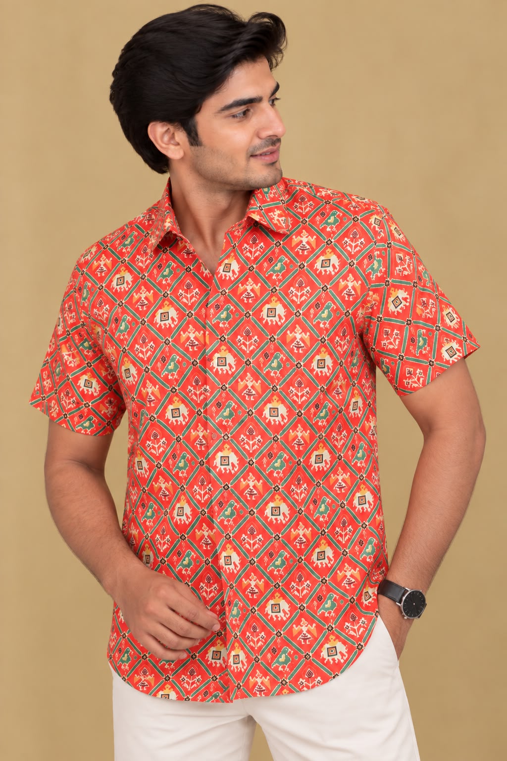 Stunning Red Digital Printed Patola Design Tussar Silk Shirt
