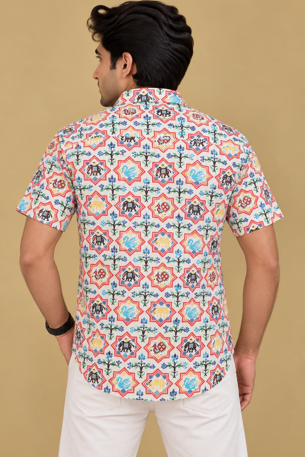 Stylish Off White Digital Printed Patola Design Tussar Silk Shirt
