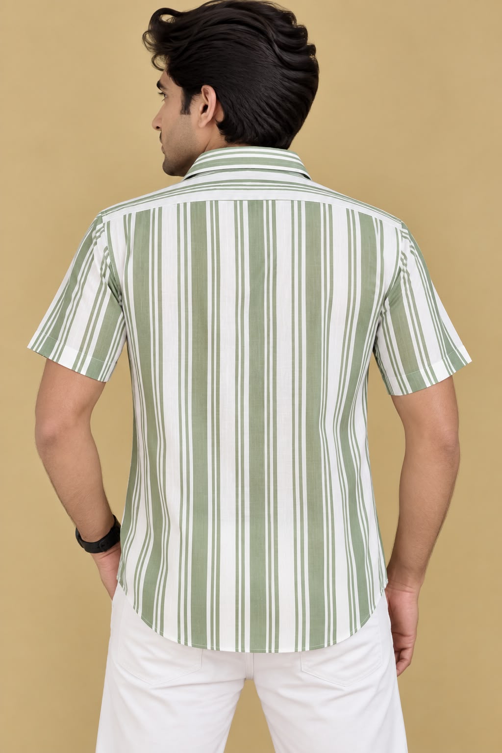 Vibrant Off White & Green Wrinkle Free Cotton Linen Shirt