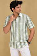 Vibrant Off White & Green Wrinkle Free Cotton Linen Shirt