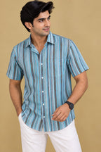Vibrant Blue Wrinkle Free Cotton Linen Digital Printed Shirt