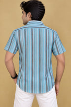 Vibrant Blue Wrinkle Free Cotton Linen Digital Printed Shirt